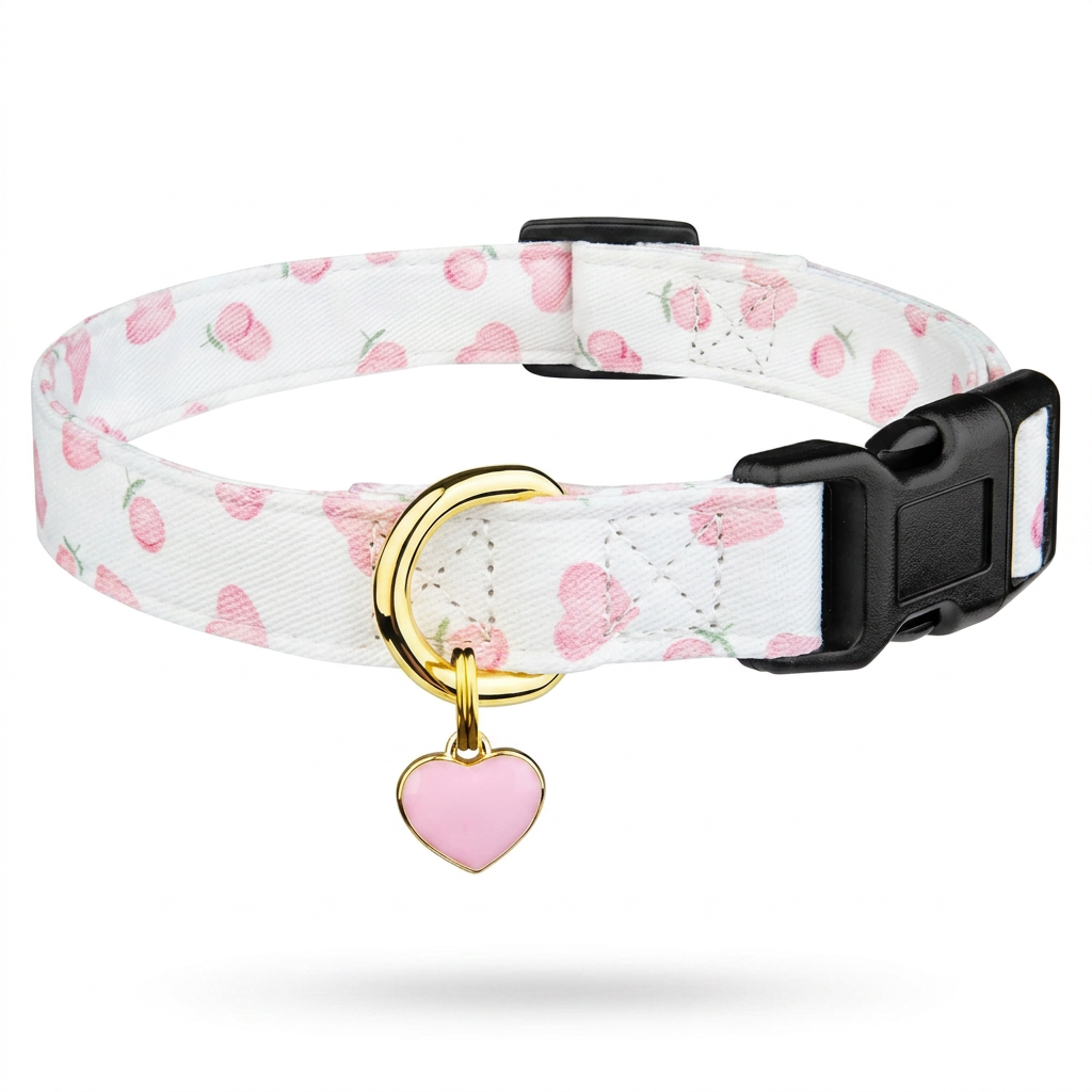 Cotton dog collar with white and pink heart design