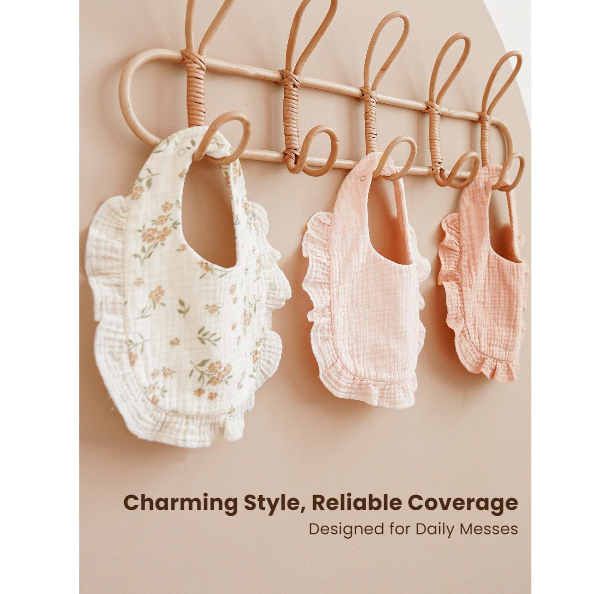 Soft 100% Cotton Muslin Drool Bibs for Girls with Ruffle Trim, Adjustable Snap Closure
