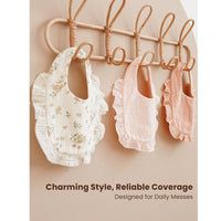 Soft 100% Cotton Muslin Drool Bibs for Girls with Ruffle Trim, Adjustable Snap Closure