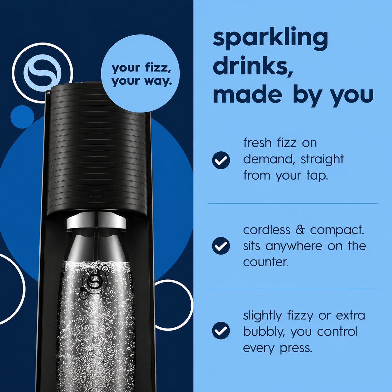 Compact countertop sparkling drink machine for kitchen use