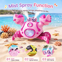 Side view of a crab-shaped bubble blowing toy with detailed construction.