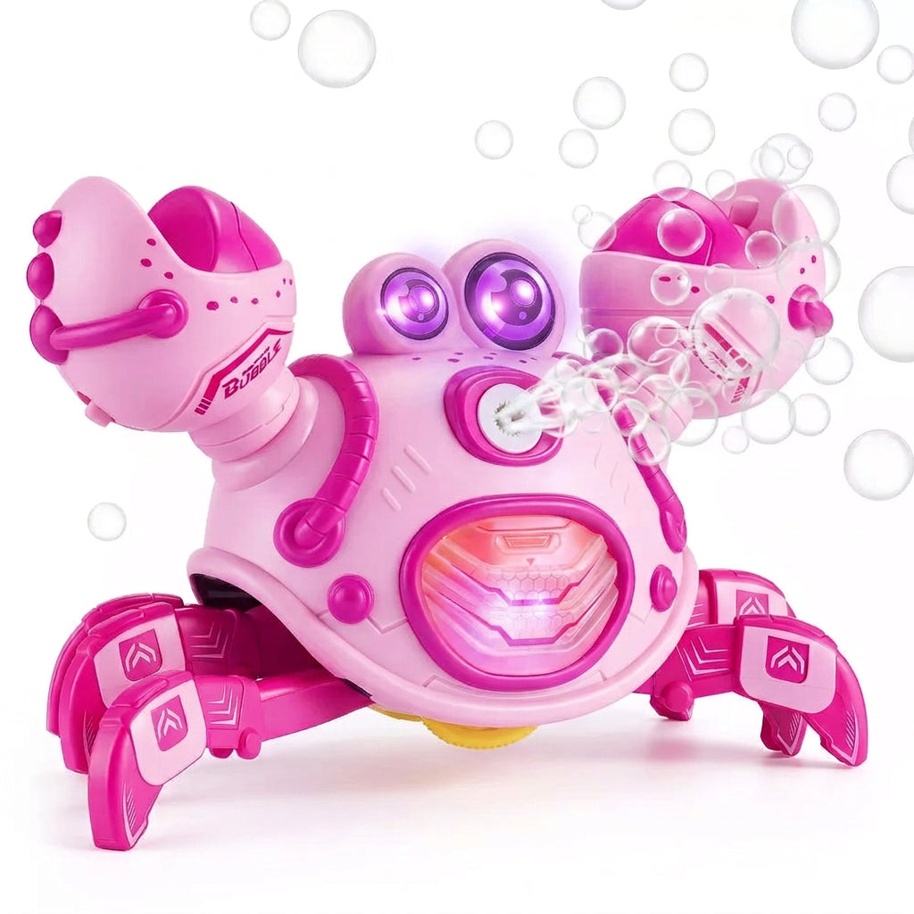 Remote control crab toy with bubble machine, mist spray, music and colorful LED lights.