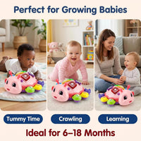 Front view of the crawling baby toy showing its design and interactive features.