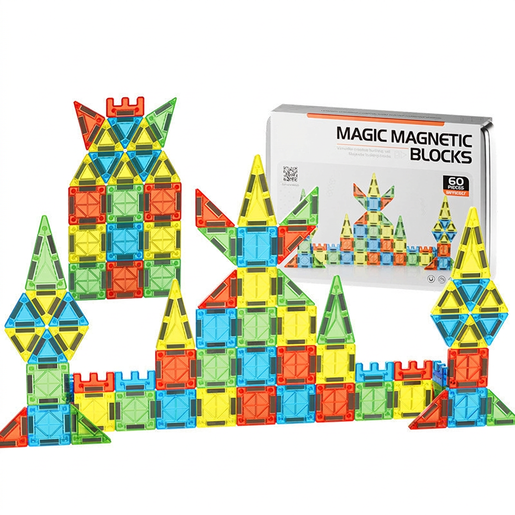 Creative building toy set with mini magnetic tiles for kids to build shapes