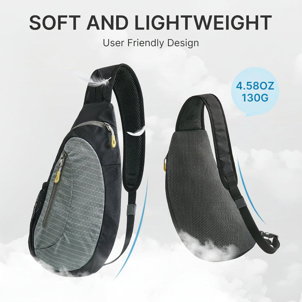 Crossbody bag showing multiple zipper storage pockets