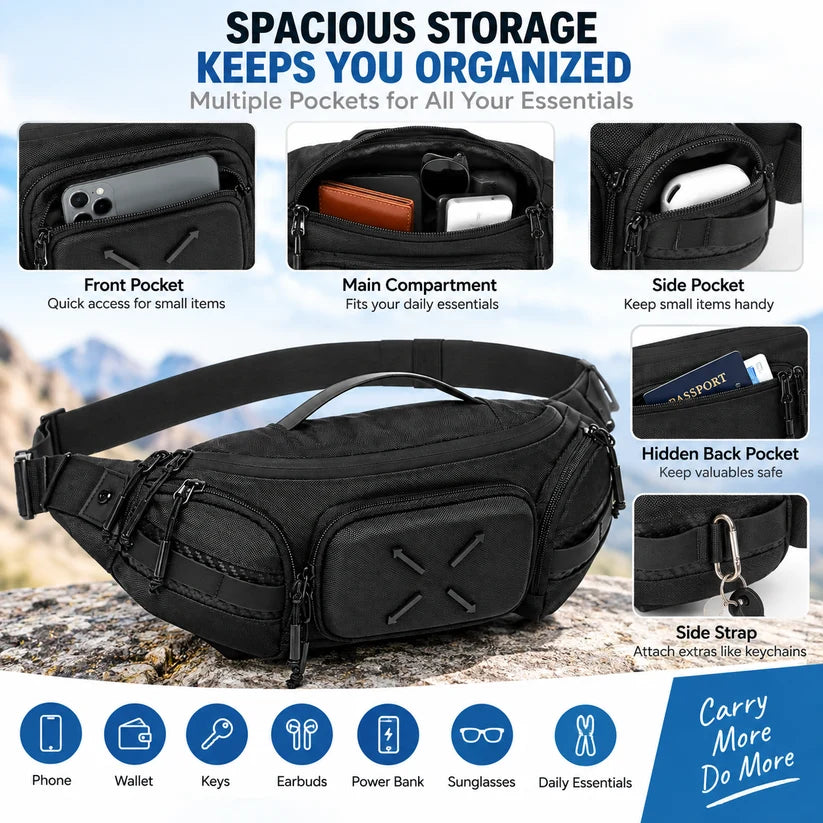 Black crossbody sling bag with adjustable strap and multiple storage compartments
