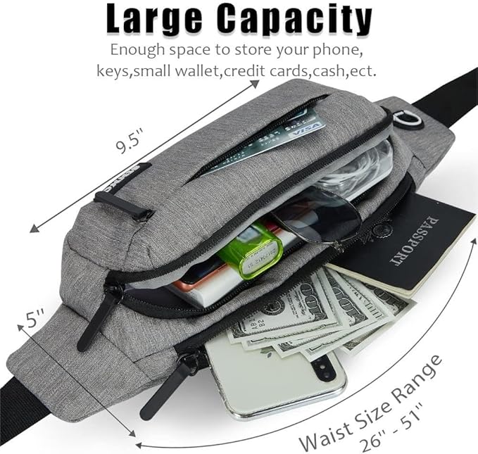 Large crossbody waist pack for phone, wallet, keys, and cards