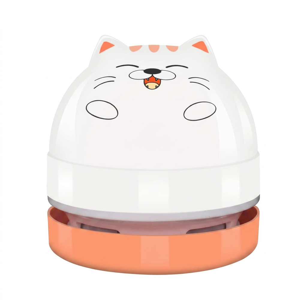Cute Cartoon Mini Desktop Vacuum Cleaner in White & Orange, USB Powered for Cleaning Crumbs, Dust, and Debris from Desktops and Keyboards.