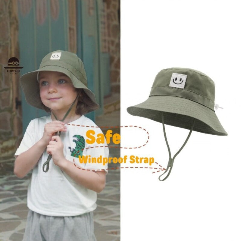 Cute smiley face toddler sun hat for boys and girls with chin strap