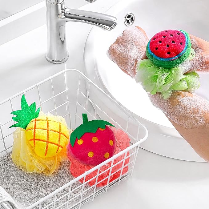 Close up of cute flower shaped bath sponge pouf for children
