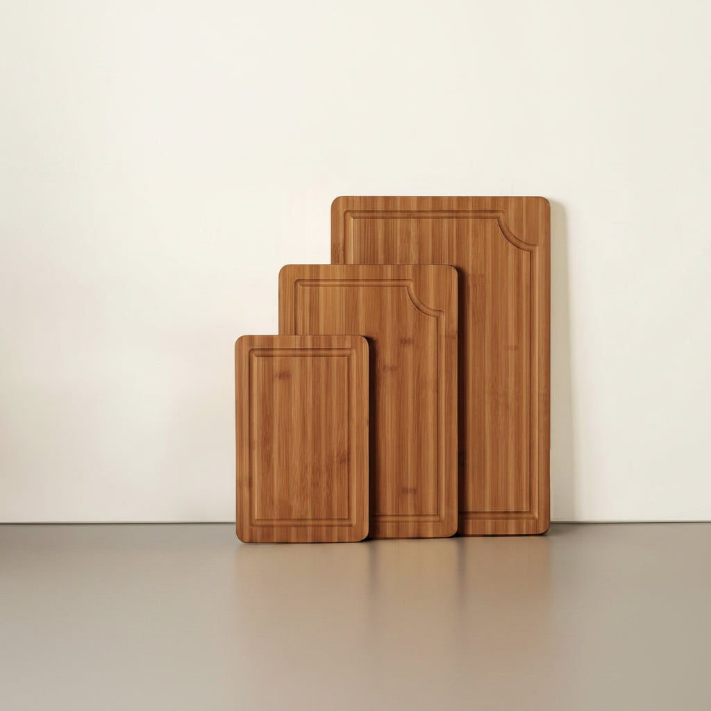 Bamboo cutting board featuring a deep edge juice groove
