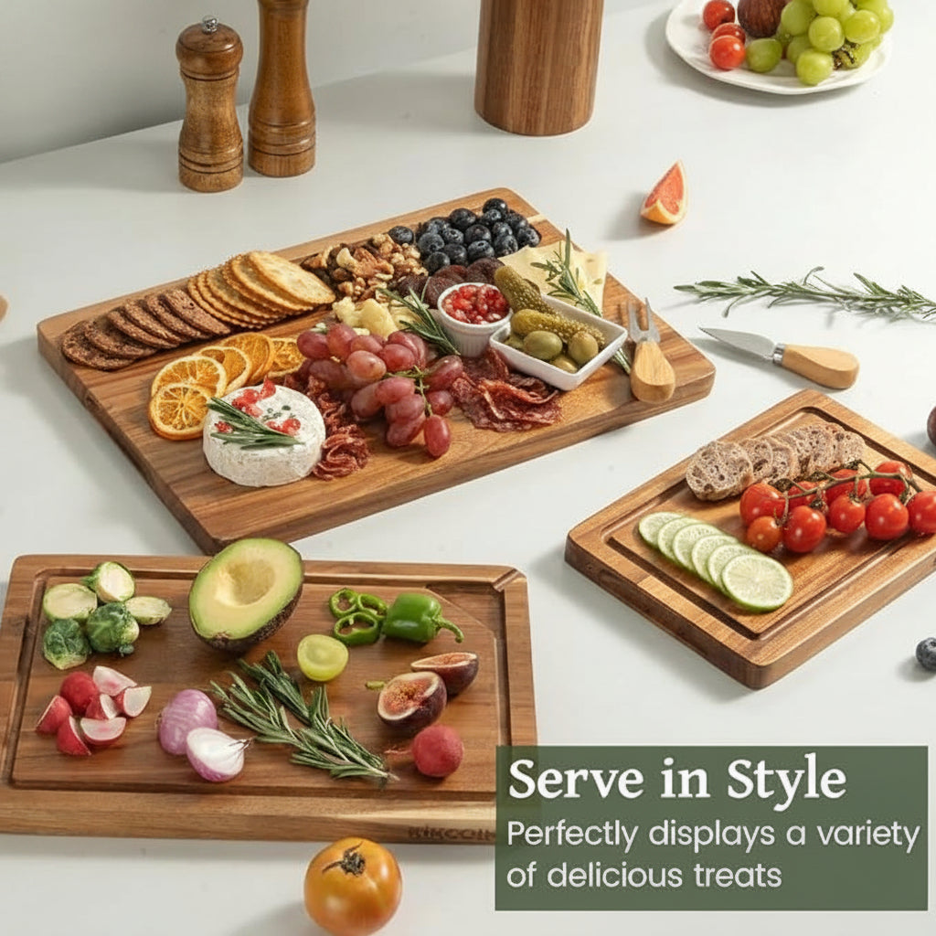 Wooden cutting board featuring a deep edge juice groove