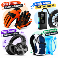 Cycling essentials with padded gloves, cordless tyre inflator, over-ear headphones and hydration pack