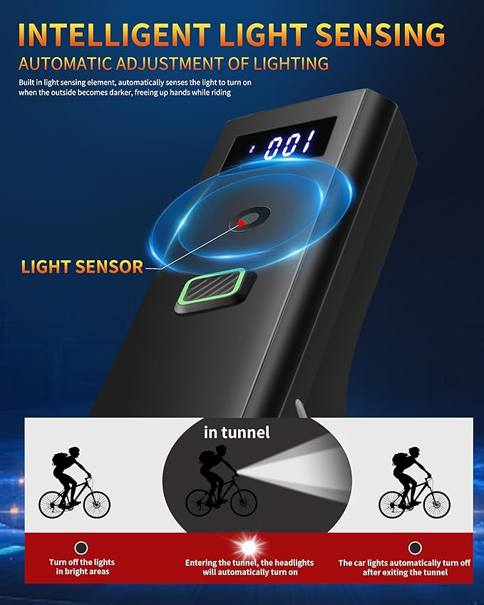 Cycling headlight with LED display showing battery level and status