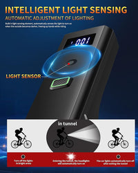 Cycling headlight with LED display showing battery level and status