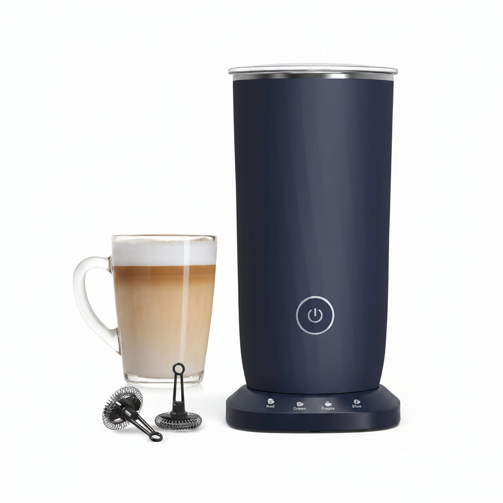 Dark blue 4-in-1 electric milk frother with automatic controls