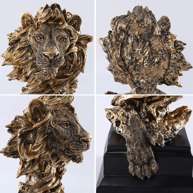 Compact golden lion ornament arranged on a home display shelf