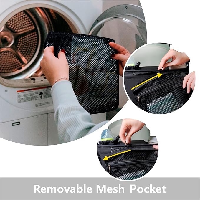Stroller caddy with the long mesh bag attached and filled with baby diapers