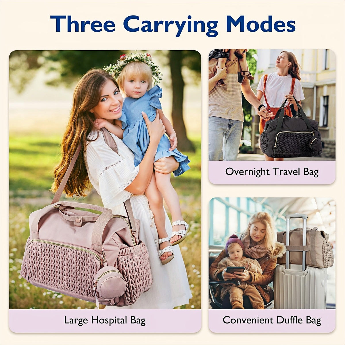 Versatile diaper bag with top handles and adjustable shoulder carrying strap