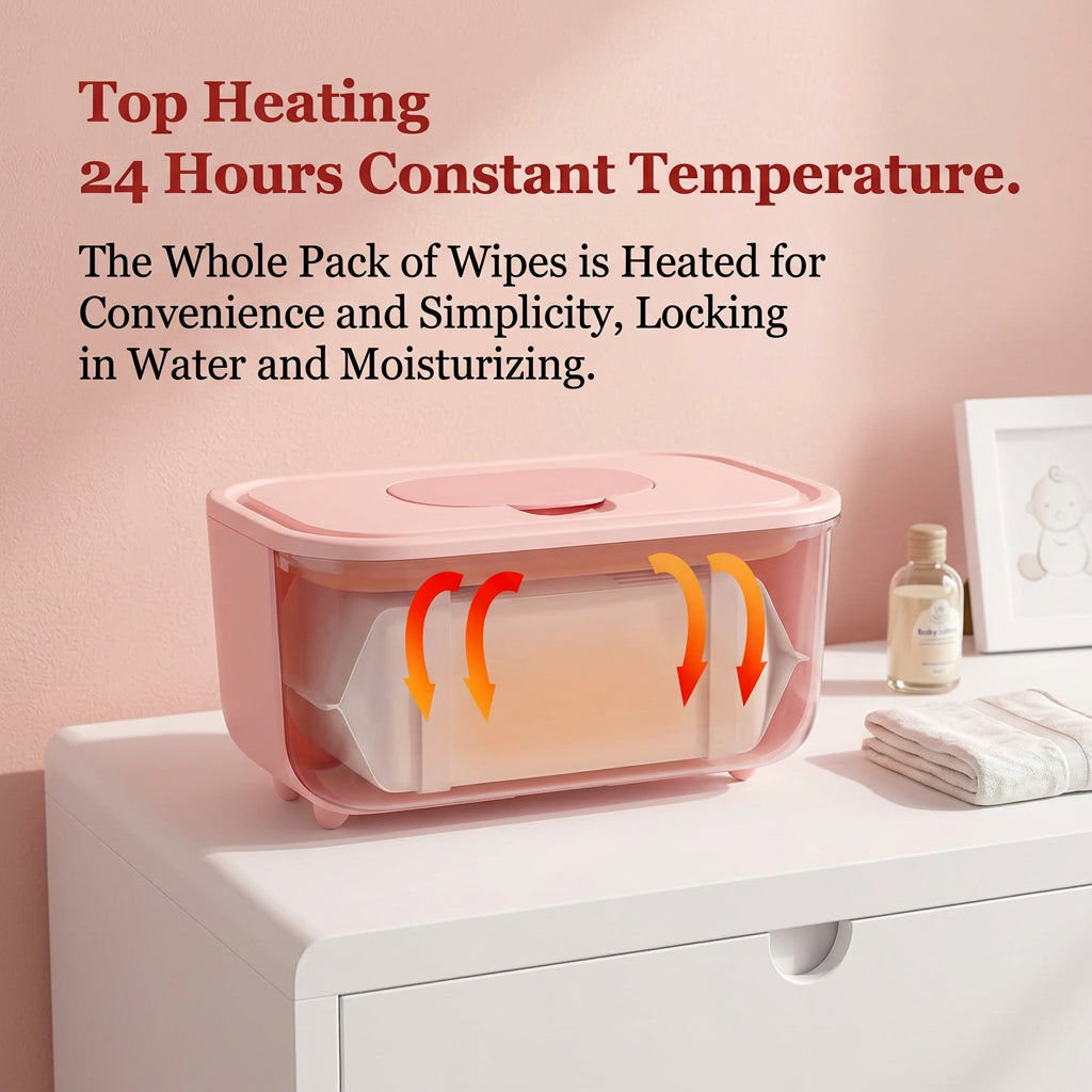 Soft pink baby care dispenser with wet tissues extending through the lid.