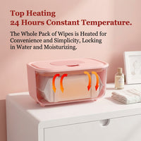Soft pink baby care dispenser with wet tissues extending through the lid.