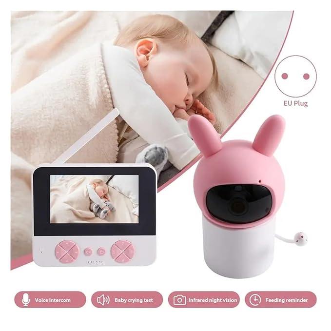 White handheld monitor with a rectangular screen, pink control buttons and external antenna.