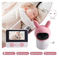 White handheld monitor with a rectangular screen, pink control buttons and external antenna.