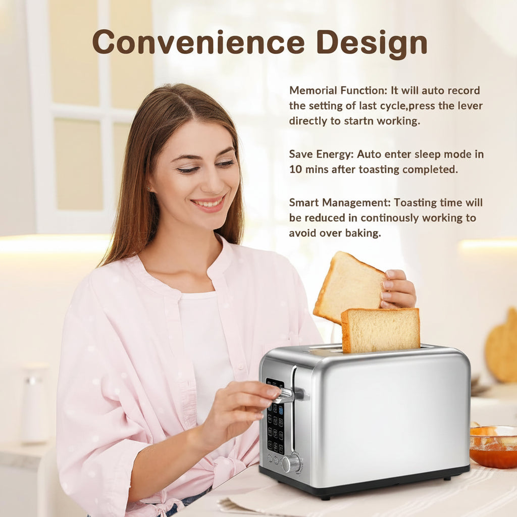Stainless steel digital bread toaster with touchscreen controls