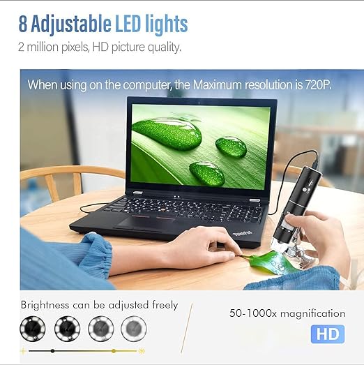 Digital microscope placed on desk with adjustable stand for study and hobby use