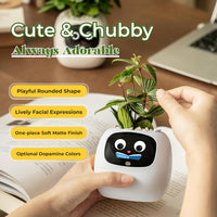 Close view of the animated emoji display on a digital planter