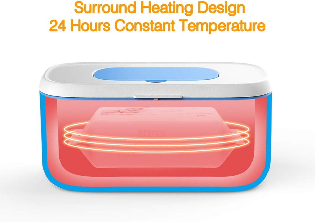 Front view of a rectangular nursery wipes appliance with illuminated electronic controls.