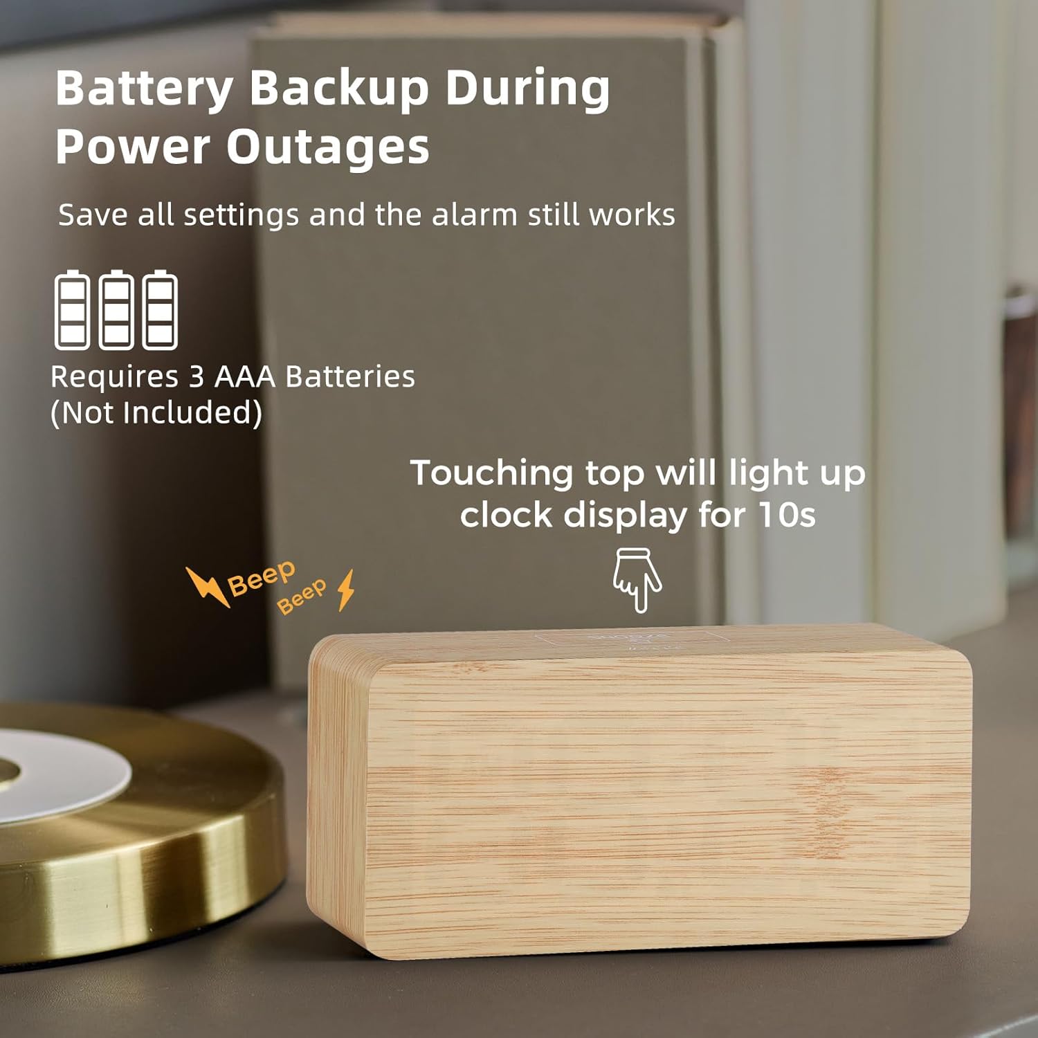 Dimmable bedside alarm clock with wood style finish