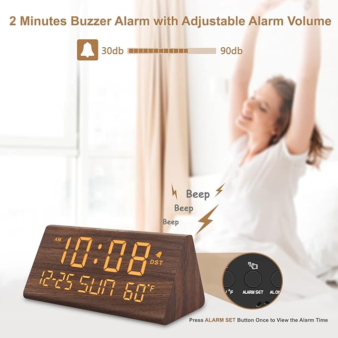 Dimmable digital bedside clock with wood style finish
