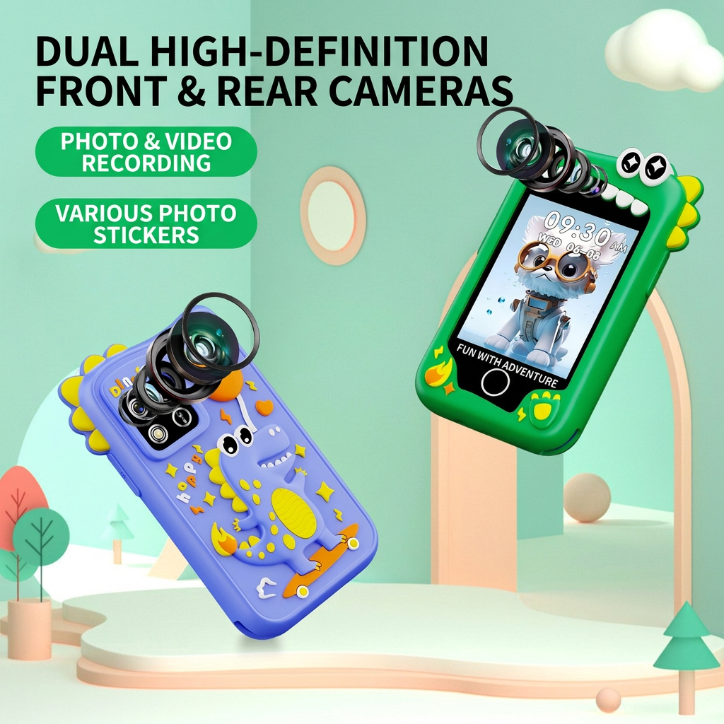 Front view of the dinosaur camera for kids showing its screen and camera controls.
