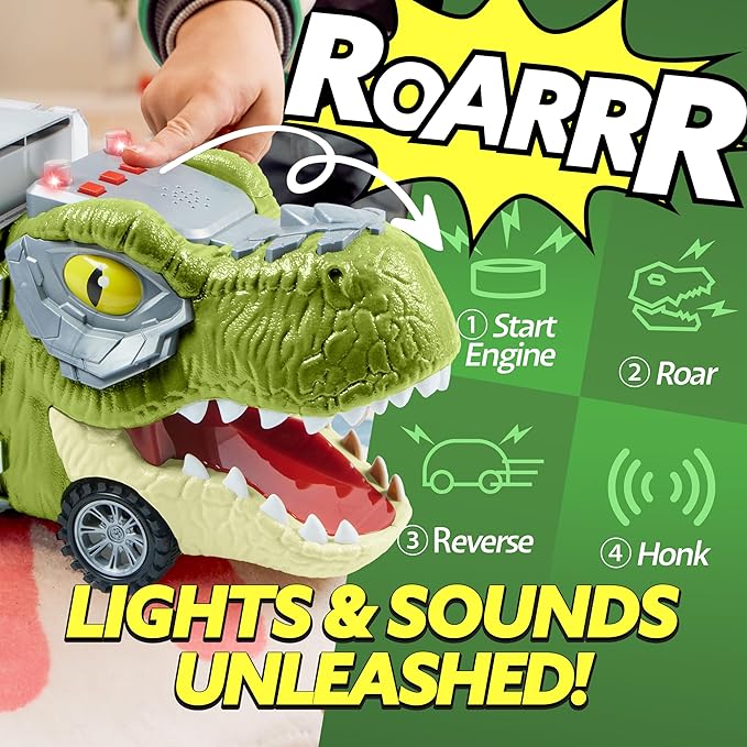 Dinosaur carrier truck toy with storage for pull-back cars