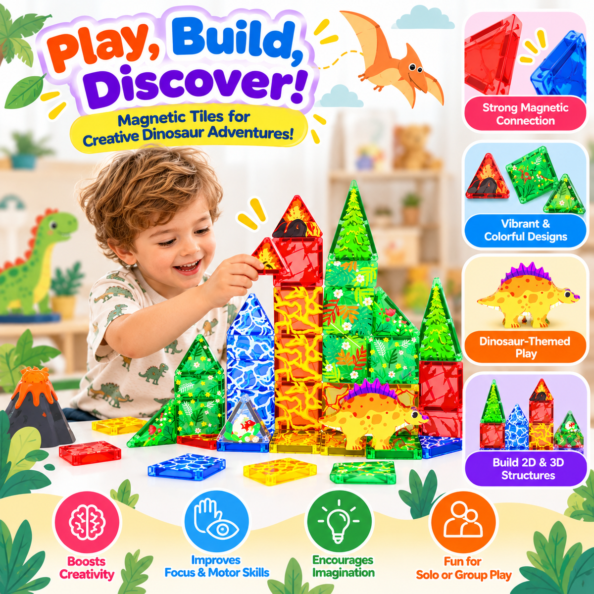 Dinosaur magnetic toys arranged to display their portable format.