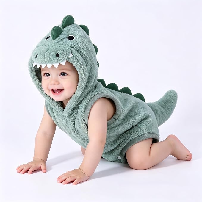 Green dinosaur romper with plush hood