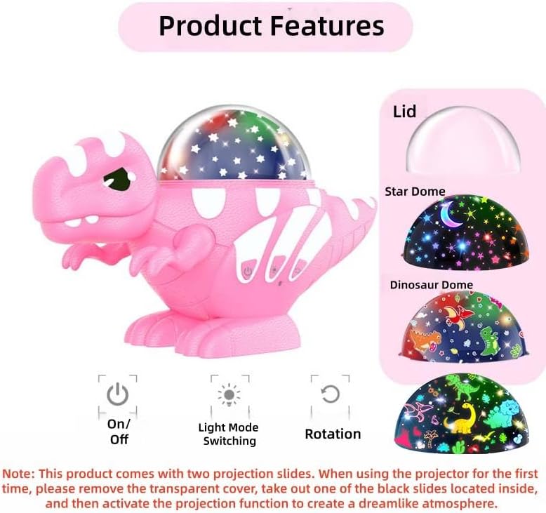 Rotating dinosaur projector creating a moving star-themed lighting display indoors.
