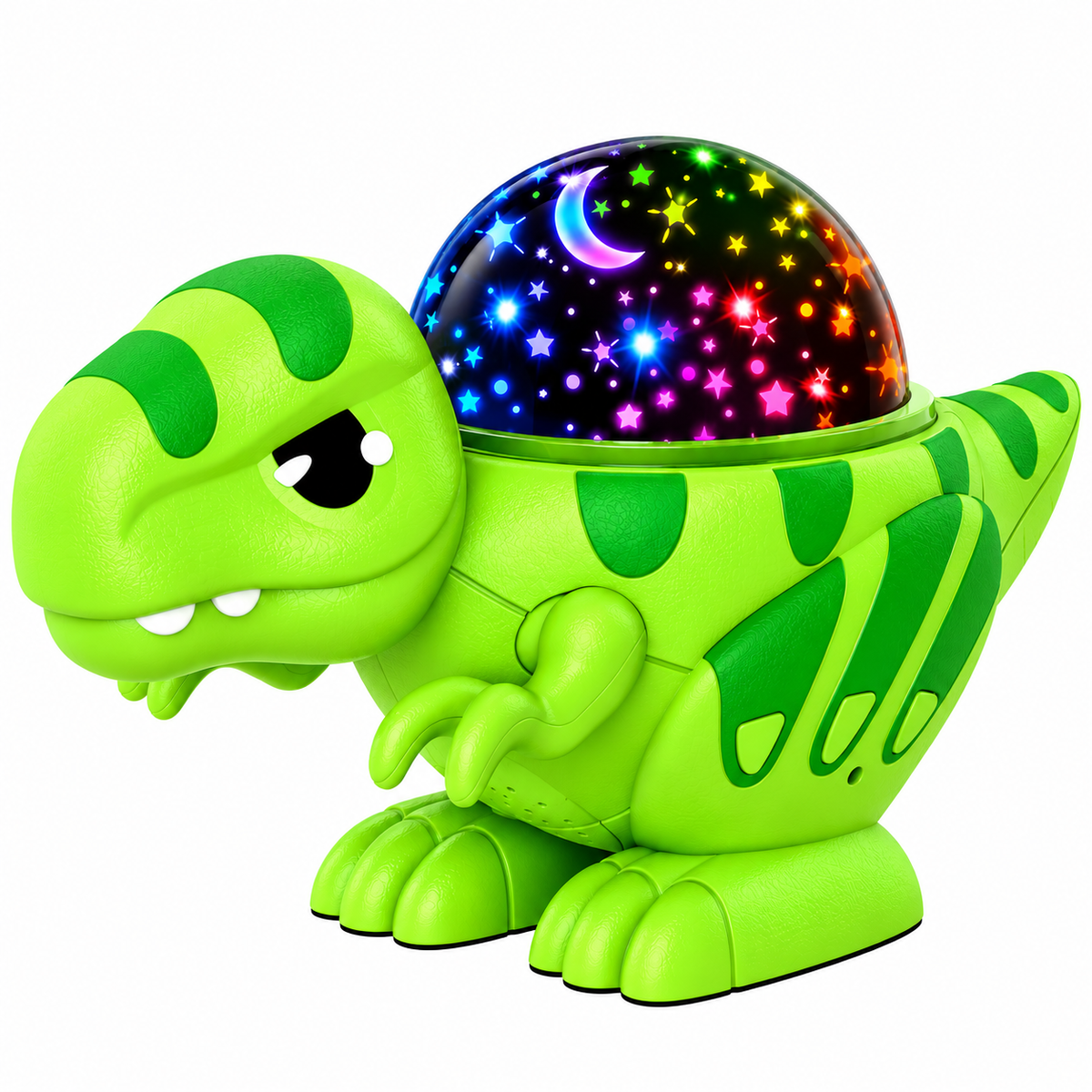 Rotating dinosaur projector creating a moving star-themed lighting display indoors.