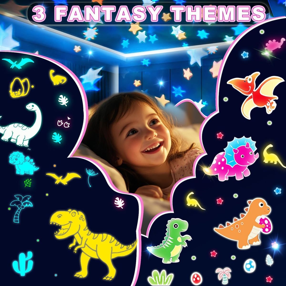 Dinosaur star projector toy displaying colourful light patterns on surrounding surfaces.