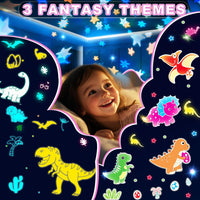 Dinosaur star projector toy displaying colourful light patterns on surrounding surfaces.