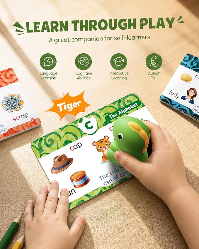 Dinosaur talking pen with phonics flash cards for alphabet and sound activities.