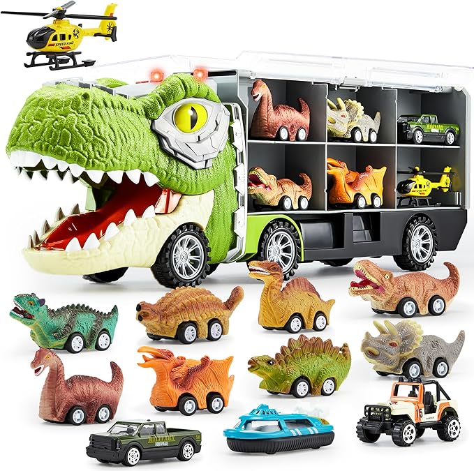 13 in 1 dinosaur toys set with transport carrier truck and pull-back cars