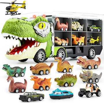 13 in 1 dinosaur toys set with transport carrier truck and pull-back cars