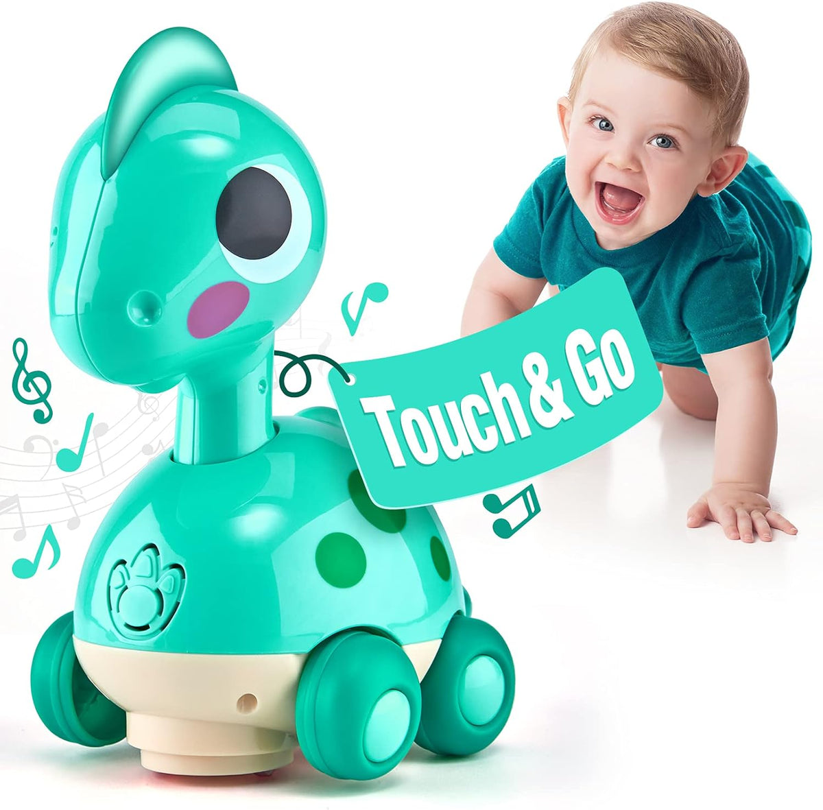Dinosaur toy featuring Touch and Go crawling movement, interactive music and colourful lights.