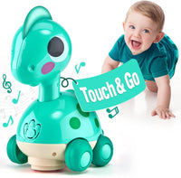 Dinosaur toy featuring Touch and Go crawling movement, interactive music and colourful lights.