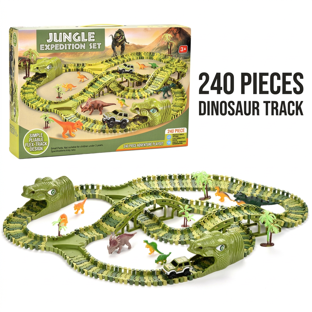 dinosaur track toy 240 pieces with electric car racing set for kids