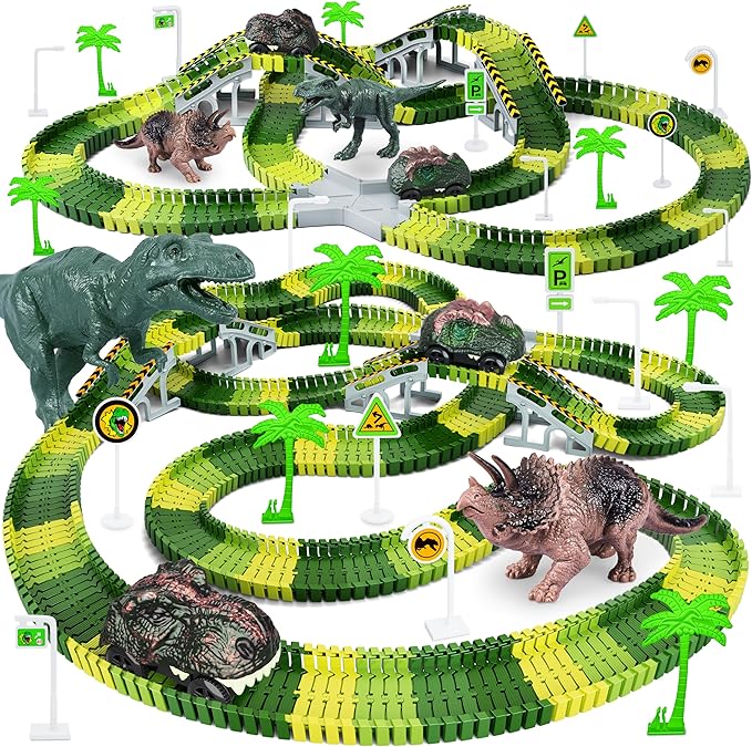 dinosaur track toy set with flexible road and racing cars for kids