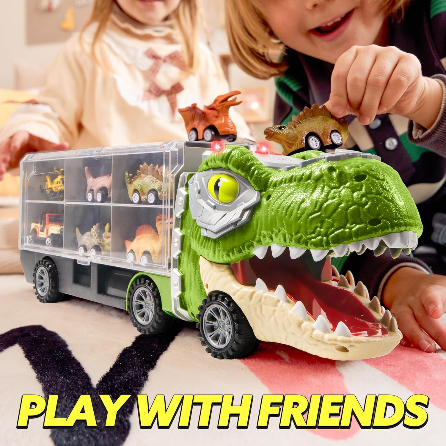 Dinosaur truck toy with 12 pull-back cars for toddlers’ play