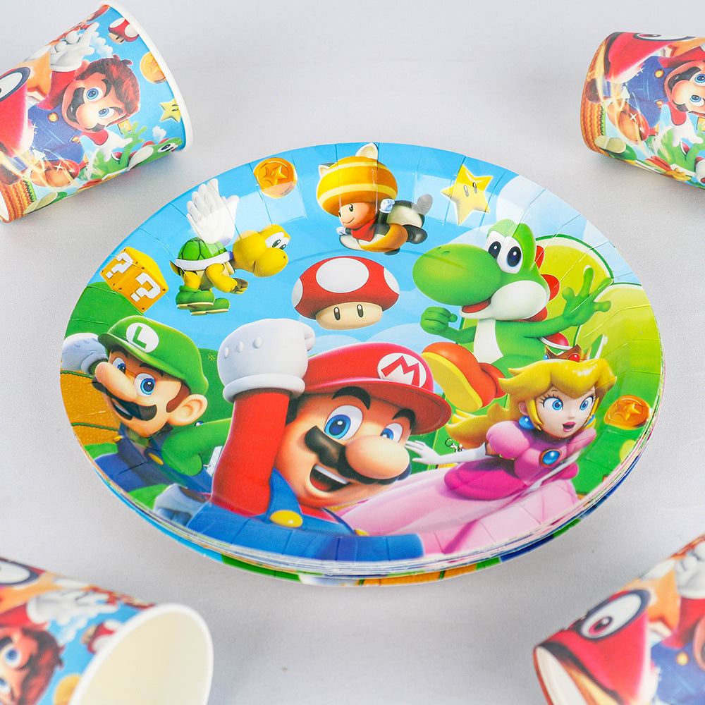 Disposable cartoon theme plates cups napkins and cutlery for kids party
